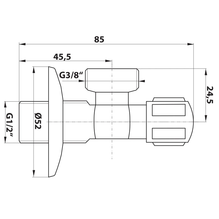 Rysunek techniczny - Zawór wrzecionowy narożny 1/2 "x3/8", chrom
