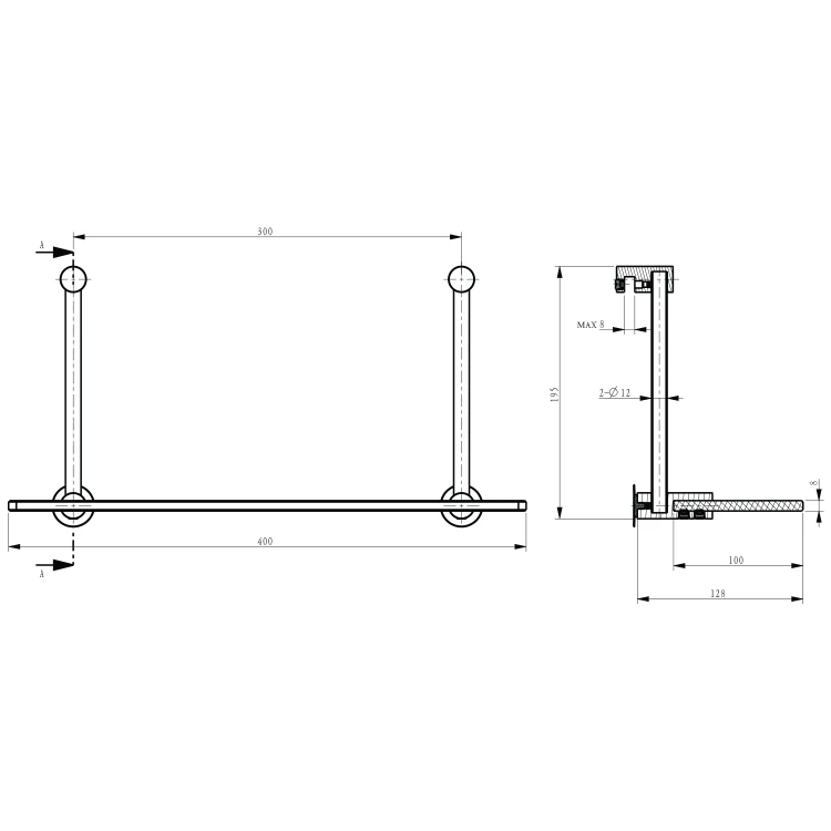 Rysunek techniczny - Półka szklana do powieszenia na kabinie prysznicowej 400x180x125mm, czarny mat