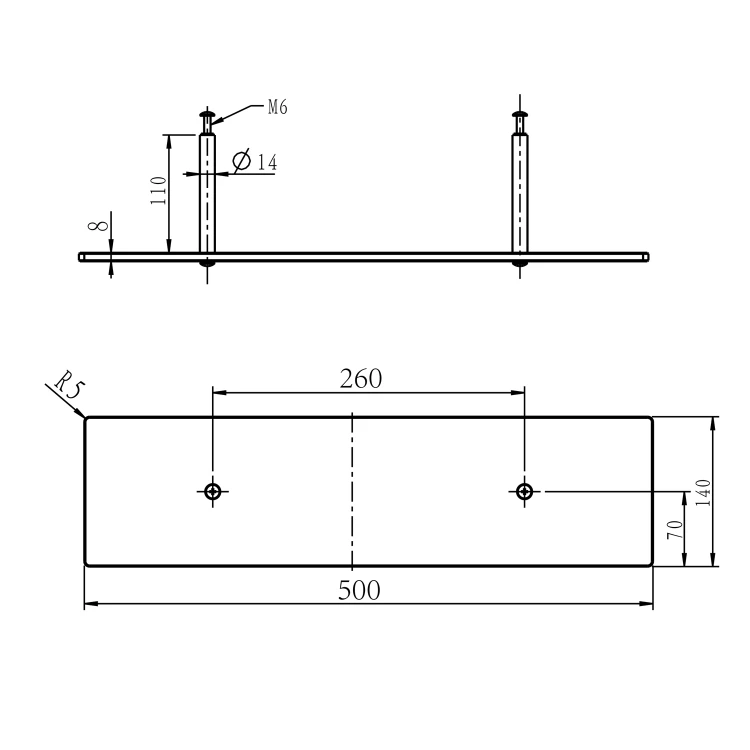 Rysunek techniczny - Półka do szafek z lustrem, z mocowaniem, 50cm, chrom