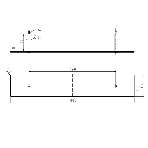Rysunek techniczny - Półka do szafek z lustrem, z mocowaniem, 80cm, chrom