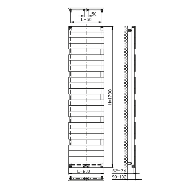 Rysunek techniczny - BONDI grzejnik łazienkowy 600x1798 mm, antracyt