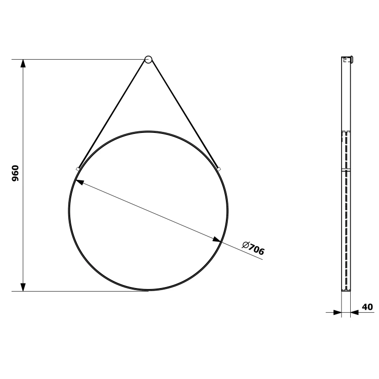 Rysunek techniczny - ORBITER okrągłe lustro ze skórzanym paskiem, ø 70cm, czarny mat