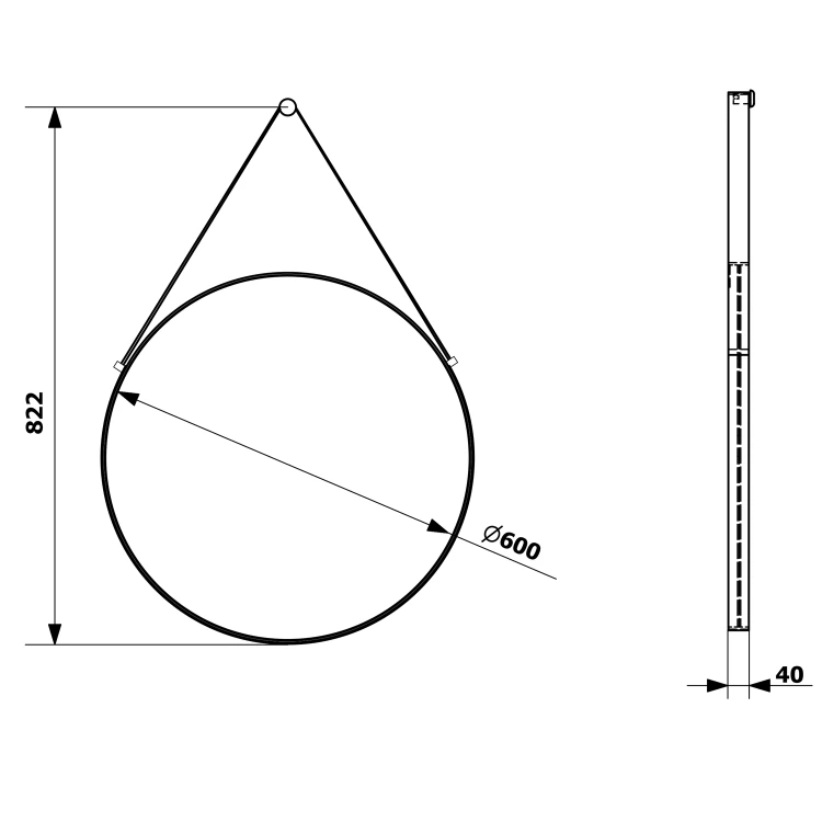 Rysunek techniczny - ORBITER okrągłe lustro ze skórzanym paskiem, ø 60cm, czarny mat