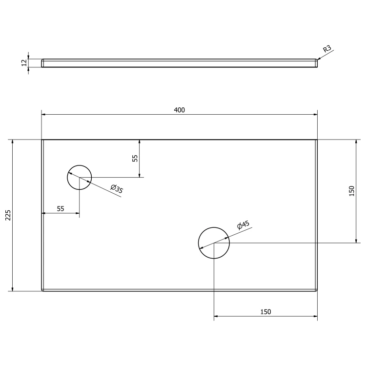 Rysunek techniczny - MINOR blat pod umywalkę 40x22,5cm, bateria po lewj stronie, kompozyt, biały