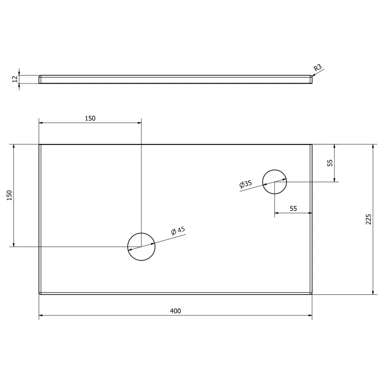 Rysunek techniczny - MINOR blat pod umywalkę 40x22,5cm, bateria po prawej stronie, kompozyt, biały