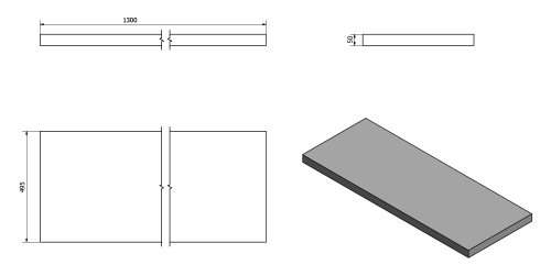Rysunek techniczny - AVICE blat pod umywalkę 130x50cm, grubość 5cm, ciemny dąb
