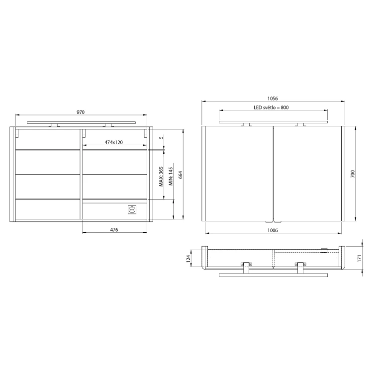 Rysunek techniczny - LUCIE szafka z lustrem z oświetleniem LED, 106x70x17cm, biała