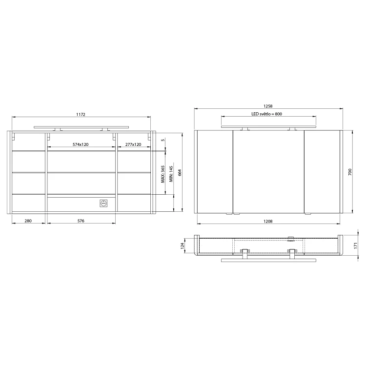 Rysunek techniczny - LUCIE szafka z lustrem z oświetleniem LED, 126x70x17cm, biała