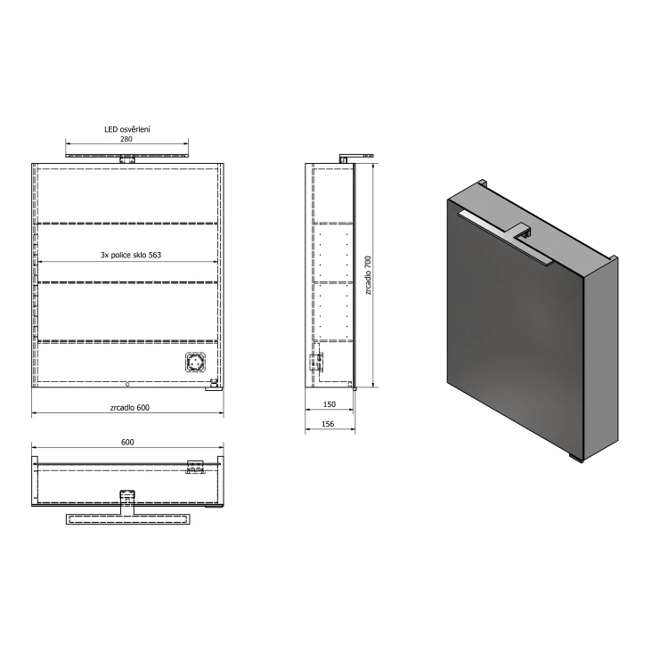 Rysunek techniczny - MIRRÓ szafka z lustrem, oświetlenie LED, 60x70x16cm, lewa/prawa, biała
