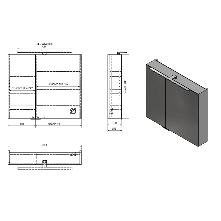 Rysunek techniczny - MIRRÓ szafka z lustrem, oświetlenie LED, 80x70x16cm, biała