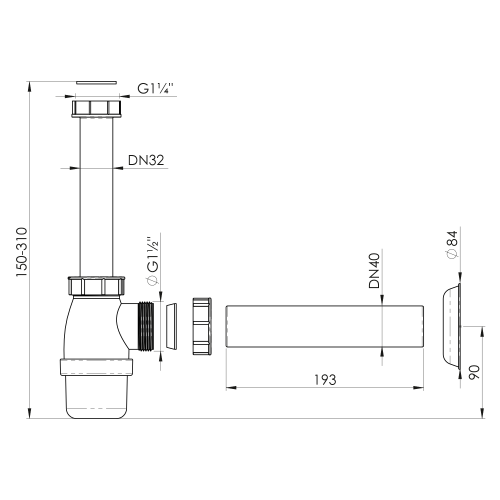 Rysunek techniczny - Syfon umywalkowy 5/4", DN40, biały