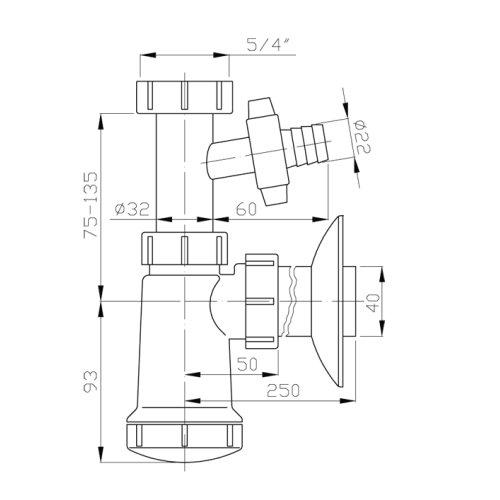 Rysunek techniczny - Syfon umywalkowy przyłącze do pralki 5/4", DN40, biały
