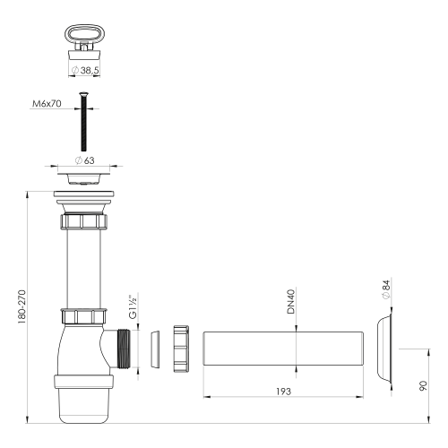 Rysunek techniczny - Syfon umywalkowy, nierdzewne sitko, korek z uchem, DN40, biały