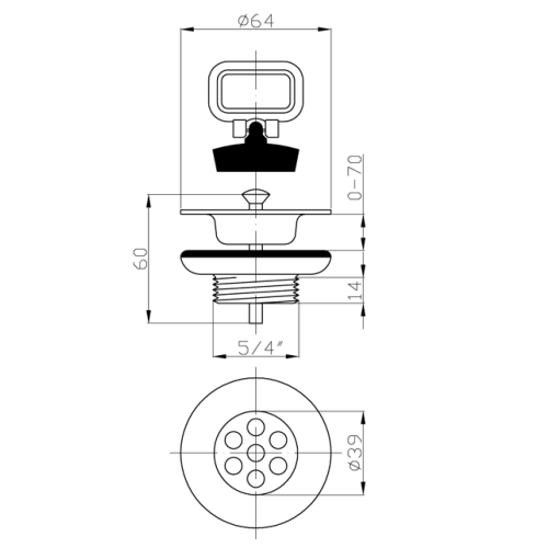 Rysunek techniczny - Odpływ umywalkowy 5/4", korek z uchem, stal nierdzewna