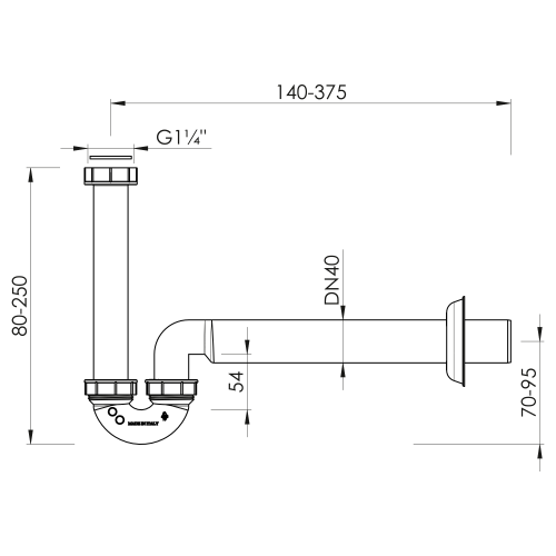 Rysunek techniczny - Syfon umywalkowy/bidetowy 5/4", DN40, biały