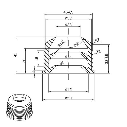 Rysunek techniczny - Redukcja gumowa 32mm - 50mm