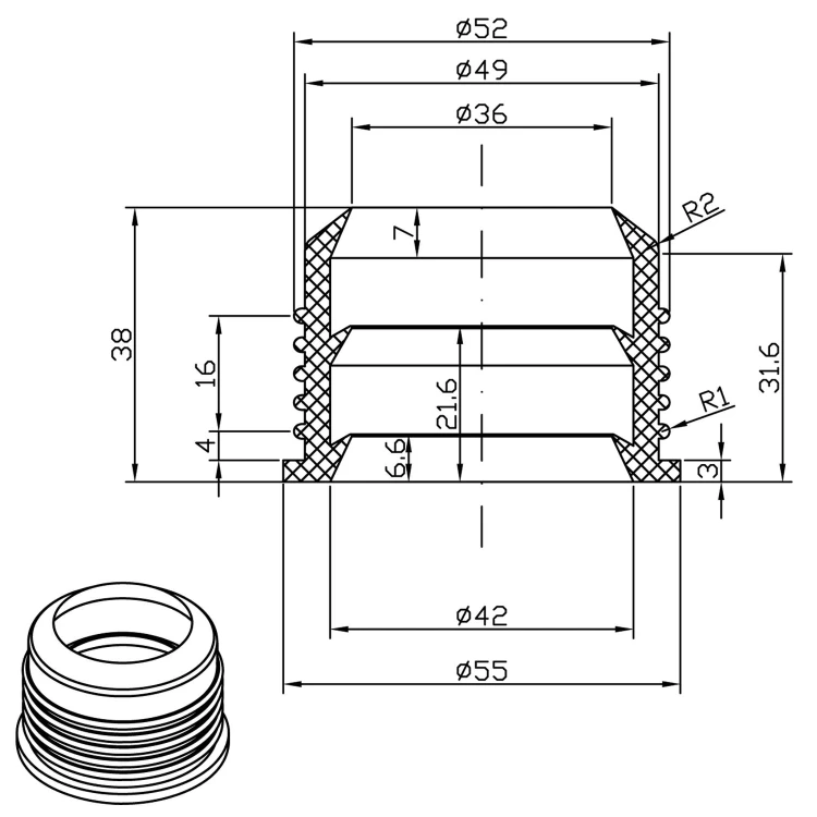 Rysunek techniczny - Redukcja gumowa 40mm - 50mm