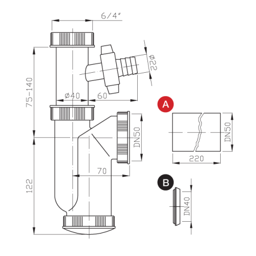 Rysunek techniczny - Syfon zlewozmywakowy z przyłącze do pralki, 6/4", DN50, biały