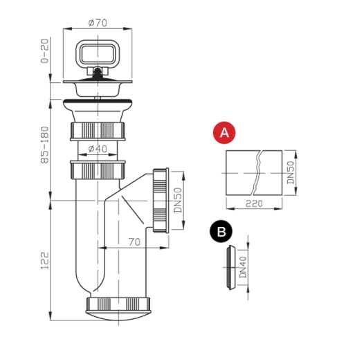 Rysunek techniczny - Syfon zlewozmywakowy 6/4", nierdzewne sitko, korek z uchem, DN50, biały
