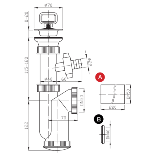 Rysunek techniczny - Syfon zlewozmywakowy z przyłącze do pralki 6/4", nierdzewne sitko, korek z uchem, DN50, biały