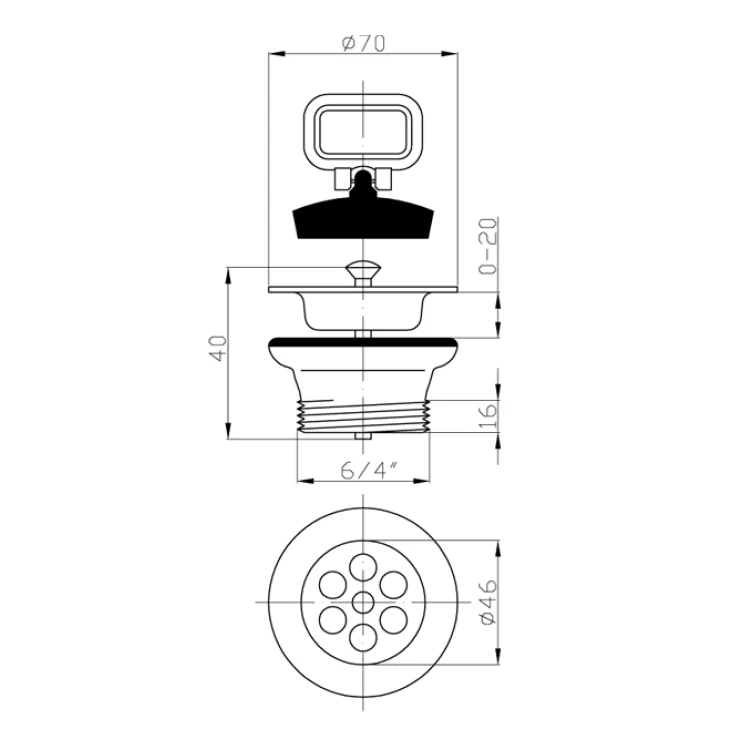 Rysunek techniczny - Sitko spustowe zlewozmywakowe 6/4", korek z uchem