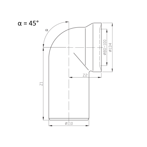 Rysunek techniczny - Kolano odpływowe do WC 45, 110mm