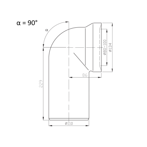 Rysunek techniczny - Kolano odpływowe do WC 90, 110mm