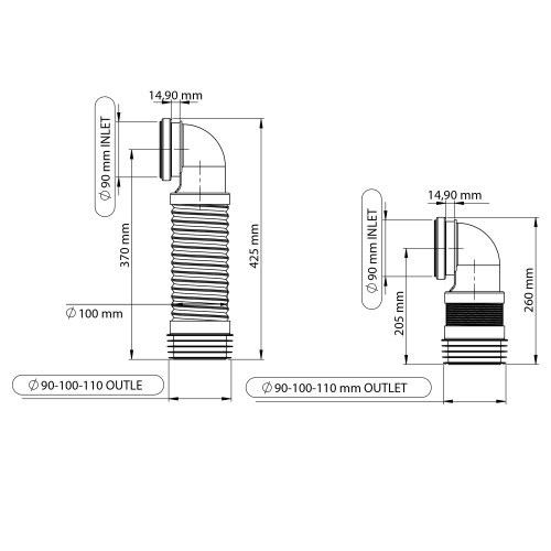 Rysunek techniczny - Złącze elastyczne do wiszącego WC z kolanem 90°, 205-370mm