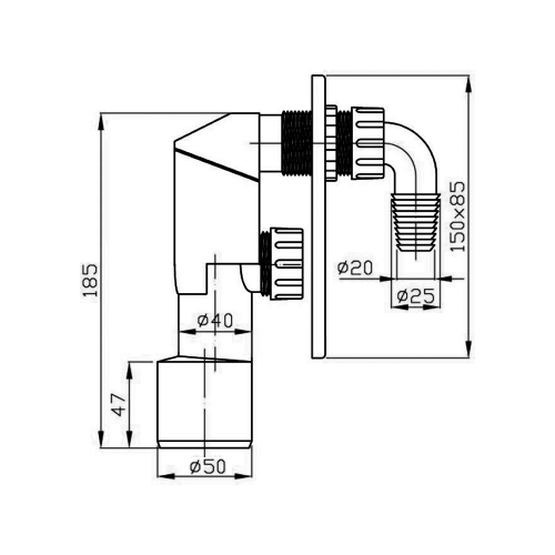 Rysunek techniczny - Podtynkowy syfon do pralki, DN40/50, stal nierdzewna polerowana