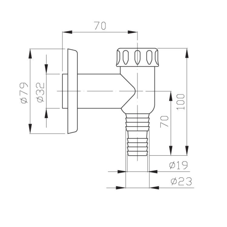 Rysunek techniczny - Zewnętrzny syfon pralkowy, DN32, chrom
