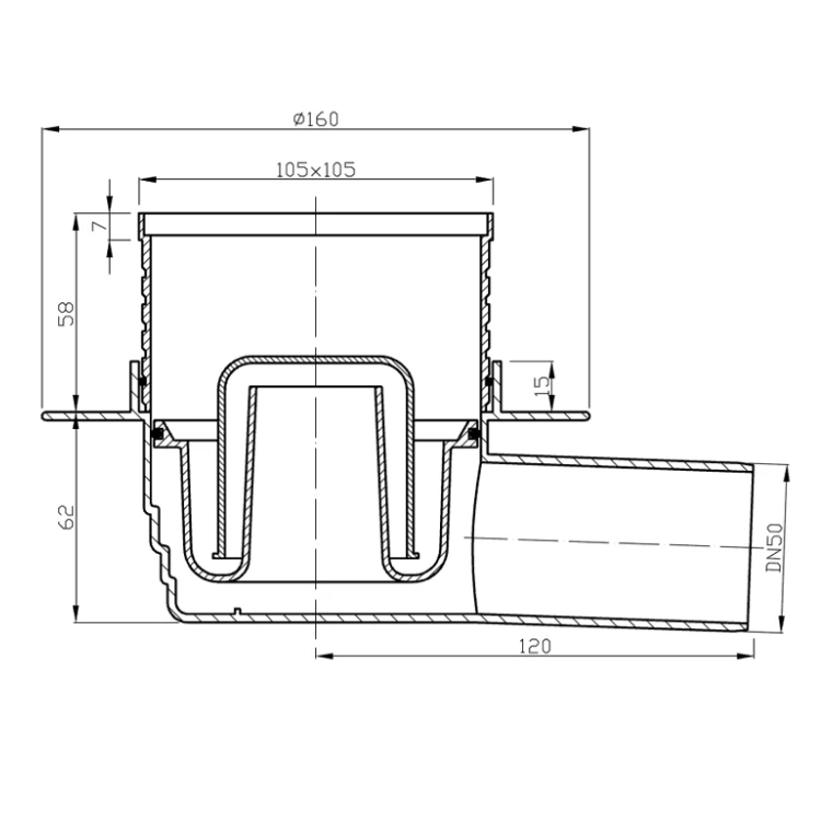 Rysunek techniczny - Kratka odpływowa 105x105 boczna, DN50, stal nierdzewna polerowana