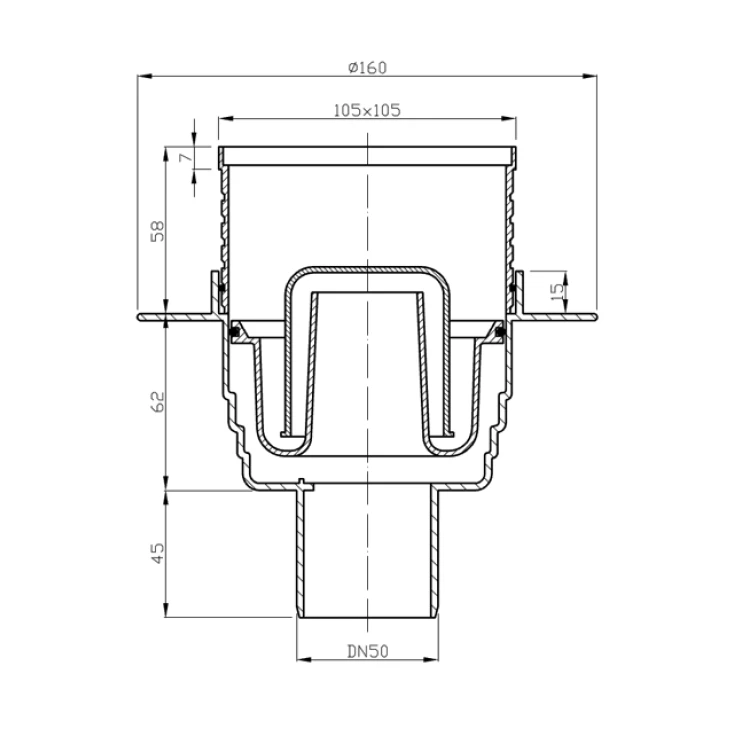 Rysunek techniczny - Kratka odpływowa 105x105 prosta, DN50, stal nierdzewna polerowana