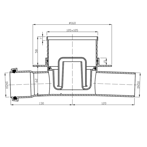 Rysunek techniczny - Kratka odpływowa przelotowa 105x105, DN50, polerowana stal nierdzewna