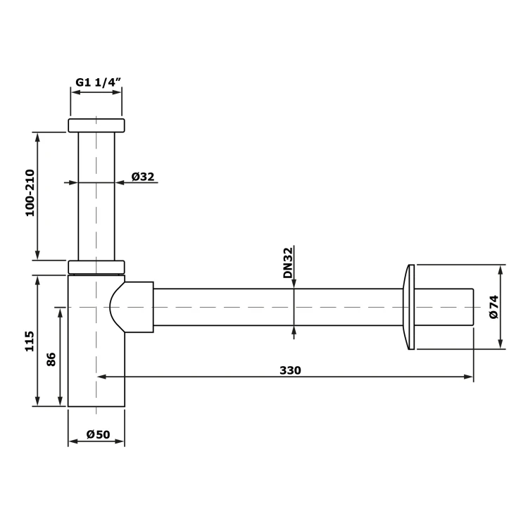 Rysunek techniczny - Syfon umywalkowy 5/4", DN32, okrągły, chrom