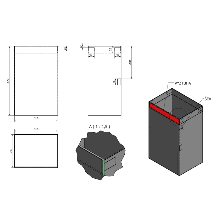 Rysunek techniczny - Kosz na bieliznę 310x570x230mm, tkanina, rzep, szary