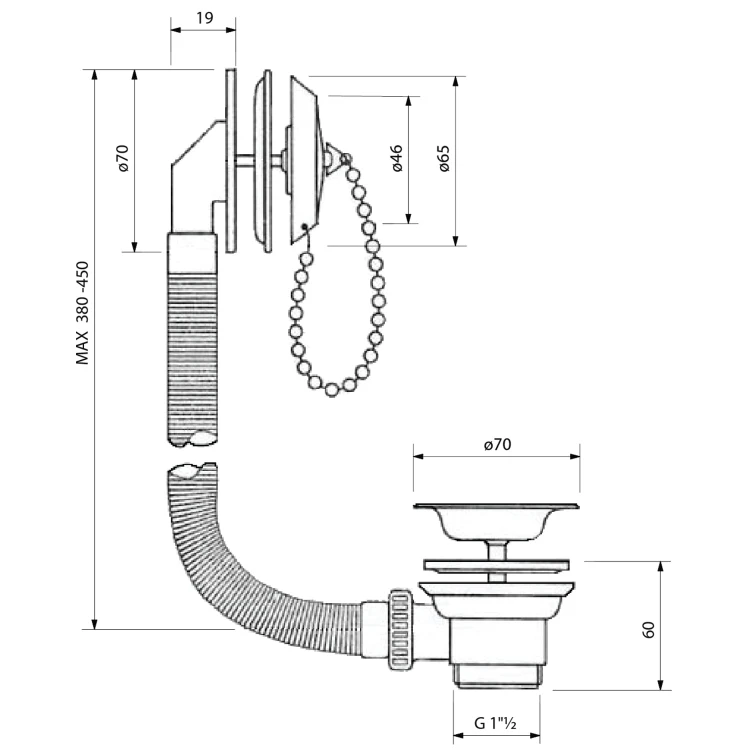 Rysunek techniczny - Zestaw wannowy z korkiem na łańcuszku, L-700mm, 6/4", stal nierdzewna połysk
