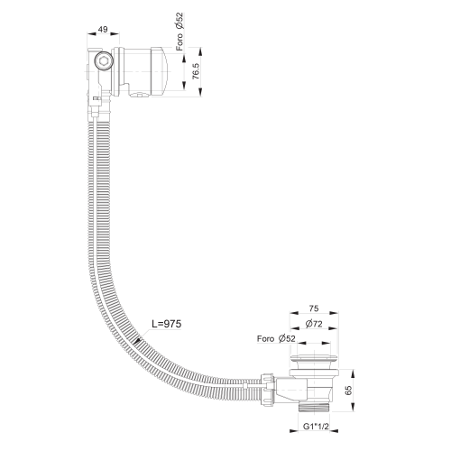 Rysunek techniczny - Zestaw odpływowy z napełnianiem, długość 975mm, korek automatyczny 72mm, złoty