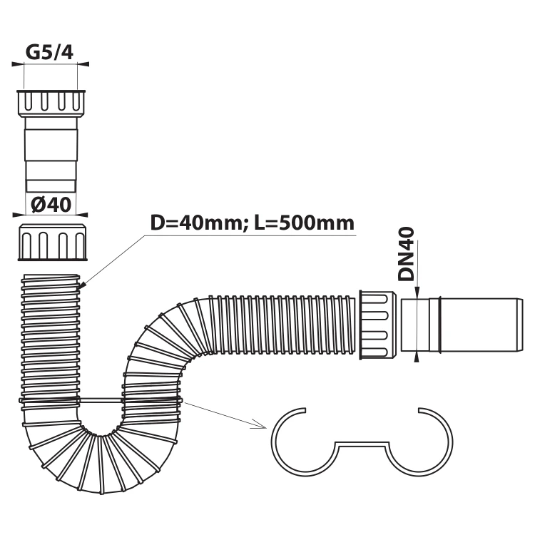 Rysunek techniczny - FLEXY syfon umywalkowy 5/4", DN40, biały