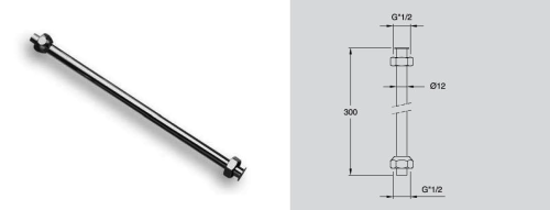 Rysunek techniczny - Rurka prosta z nakrętkami do pisuaru, 1/2" cm, średnica 12x300mm, chrom
