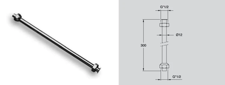 Rysunek techniczny - Rurka prosta z nakrętkami do pisuaru, 1/2" cm, średnica 12x300mm, chrom