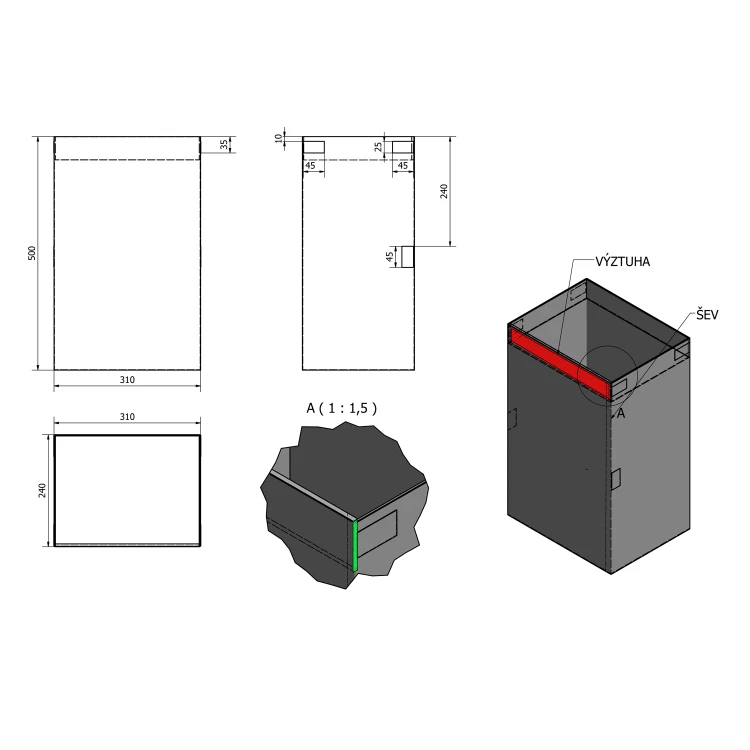Rysunek techniczny - Kosz na bieliznę 310x500x230mm, tkanina, rzep, czarny
