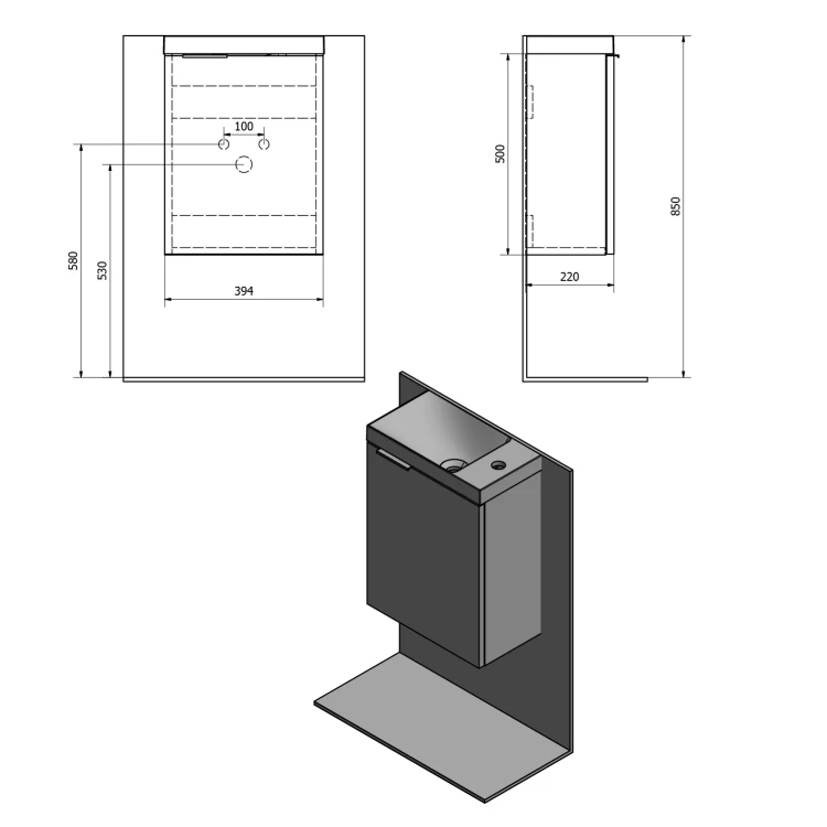 Rysunek techniczny - LATUS X szafka umywalkowa 39,4x50x22cm, dąb Sherwood