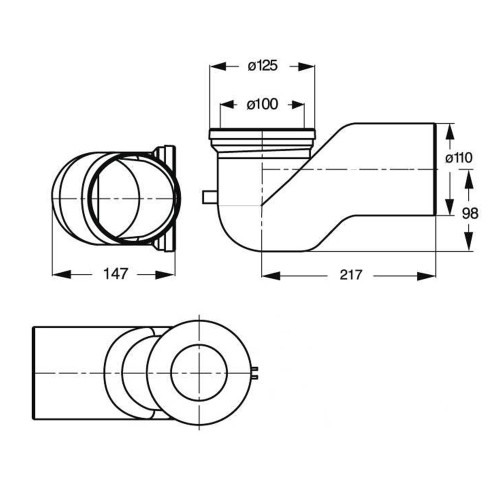 Rysunek techniczny - Kolano WC 90°, średnica 110 mm, Offset, ABS/ biały