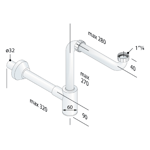 Rysunek techniczny - CRONO syfon umywalkowy zajmujący mało miejsca, 5/4", DN32, biały