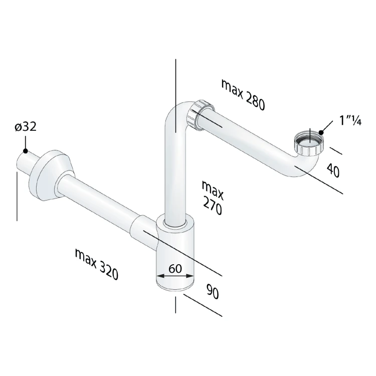 Rysunek techniczny - CRONO syfon umywalkowy zajmujący mało miejsca, 5/4", DN32, biały