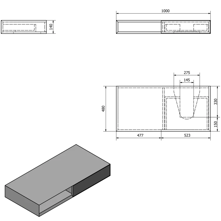 Rysunek techniczny - MORIAN szafka umywalkowa 100x14x48cm, dąb czarny, prawa