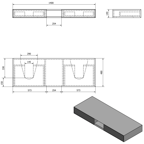 Rysunek techniczny - MORIAN szafka umywalkowa 140x14x48cm, dąb czarny
