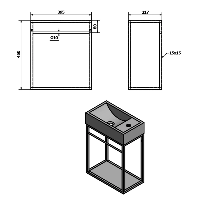 Rysunek techniczny - CREST wspornik pod umywalkę z półką 39,5x45x21,7cm, biały mat