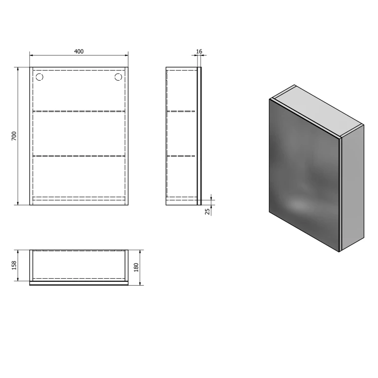 Rysunek techniczny - VEGA szafka z lustrem, 40x70x18cm, biały