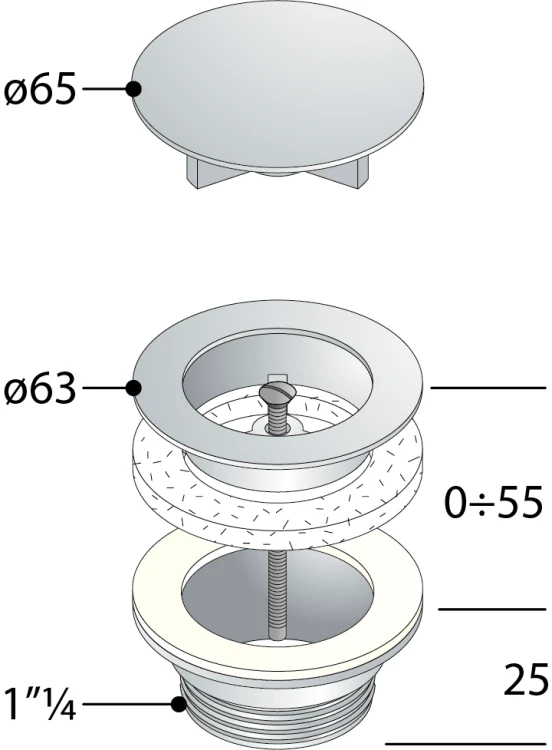 Rysunek techniczny - Odpływ umywalkowy 5/4'', niezamykany, duży korek, 10-55mm, czarny